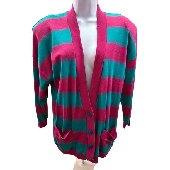 Peter Popovitch Sweaters - Vtg Peter Popovitch women M Striped Pink Green Button V Neck Slouchy cardigan